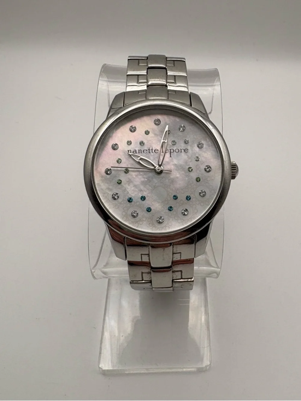 Nanette Lepore‎ Silver Stainless Steel Watch Mother-of-Pearl Dial Rhinestones